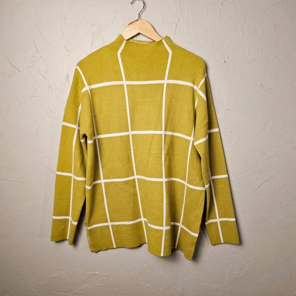 MAX STUDIO Women's Green / Mustard Yellow Grid Print Mock‎ Neck Sweater XL EUC